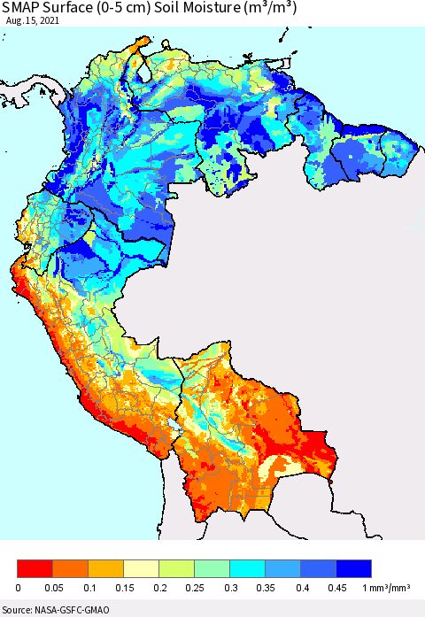Northern South America SMAP Surface (0-5 cm) Soil Moisture (m³/m³) Thematic Map For 8/11/2021 - 8/15/2021