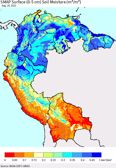 Northern South America SMAP Surface (0-5 cm) Soil Moisture (m³/m³) Thematic Map For 8/16/2021 - 8/20/2021