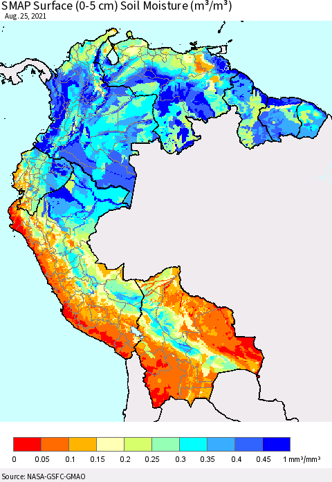 Northern South America SMAP Surface (0-5 cm) Soil Moisture (m³/m³) Thematic Map For 8/21/2021 - 8/25/2021