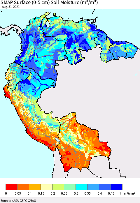 Northern South America SMAP Surface (0-5 cm) Soil Moisture (m³/m³) Thematic Map For 8/26/2021 - 8/31/2021