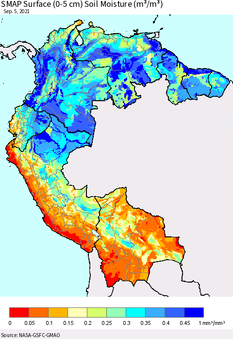 Northern South America SMAP Surface (0-5 cm) Soil Moisture (m³/m³) Thematic Map For 9/1/2021 - 9/5/2021
