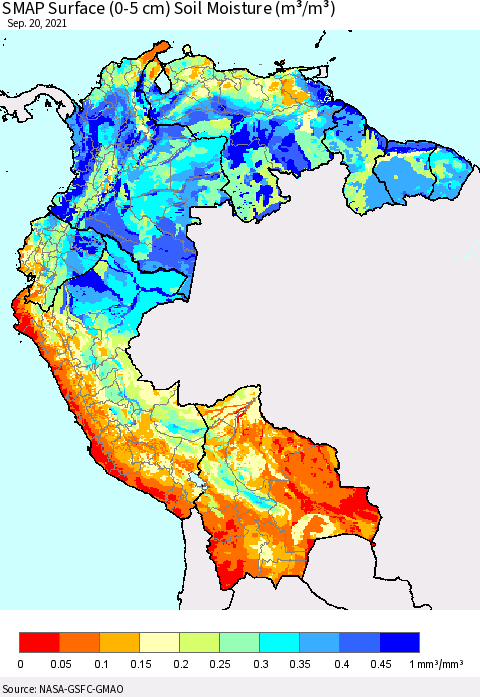 Northern South America SMAP Surface (0-5 cm) Soil Moisture (m³/m³) Thematic Map For 9/16/2021 - 9/20/2021