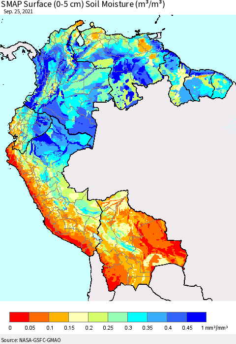Northern South America SMAP Surface (0-5 cm) Soil Moisture (m³/m³) Thematic Map For 9/21/2021 - 9/25/2021