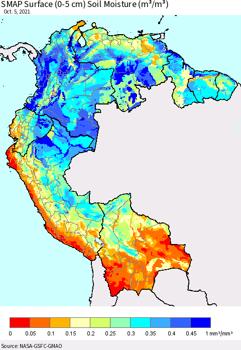 Northern South America SMAP Surface (0-5 cm) Soil Moisture (m³/m³) Thematic Map For 10/1/2021 - 10/5/2021