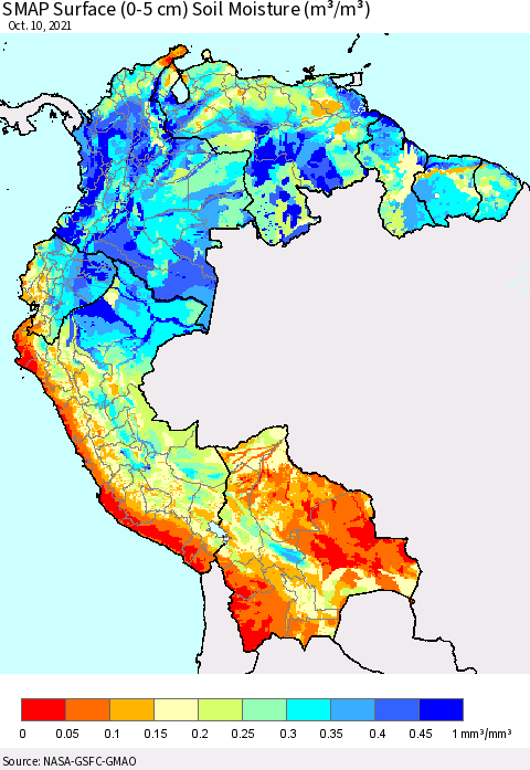 Northern South America SMAP Surface (0-5 cm) Soil Moisture (m³/m³) Thematic Map For 10/6/2021 - 10/10/2021