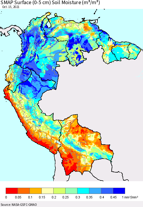 Northern South America SMAP Surface (0-5 cm) Soil Moisture (m³/m³) Thematic Map For 10/11/2021 - 10/15/2021