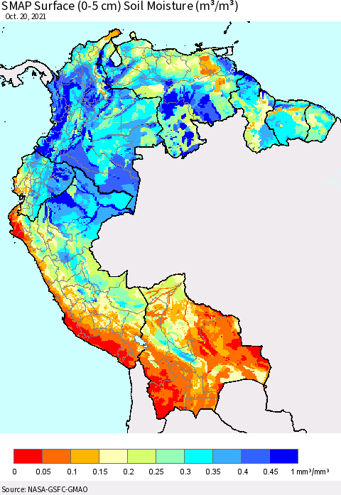 Northern South America SMAP Surface (0-5 cm) Soil Moisture (m³/m³) Thematic Map For 10/16/2021 - 10/20/2021