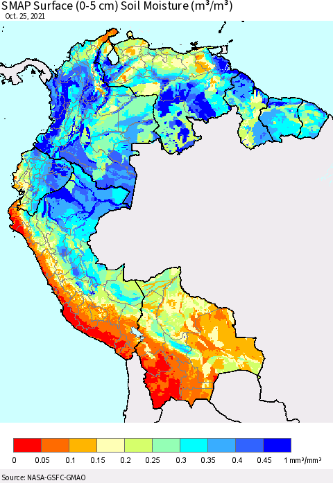 Northern South America SMAP Surface (0-5 cm) Soil Moisture (m³/m³) Thematic Map For 10/21/2021 - 10/25/2021