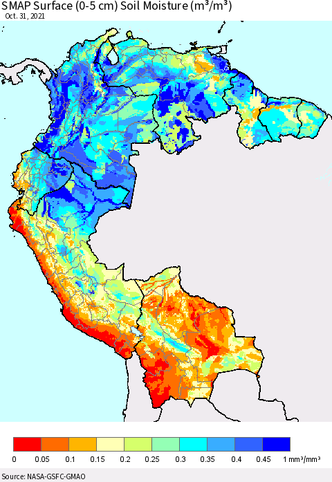 Northern South America SMAP Surface (0-5 cm) Soil Moisture (m³/m³) Thematic Map For 10/26/2021 - 10/31/2021