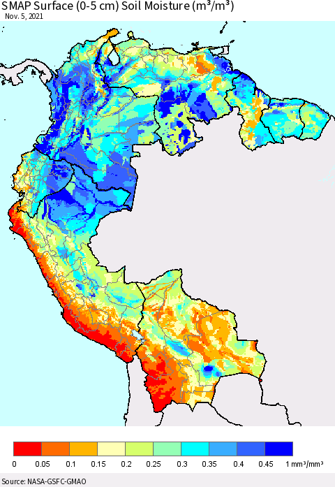 Northern South America SMAP Surface (0-5 cm) Soil Moisture (m³/m³) Thematic Map For 11/1/2021 - 11/5/2021