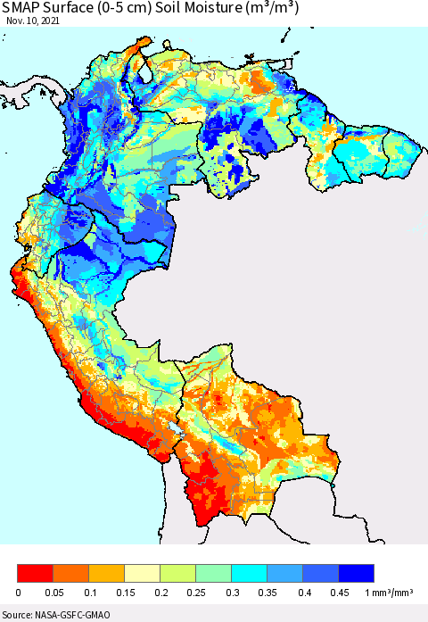 Northern South America SMAP Surface (0-5 cm) Soil Moisture (m³/m³) Thematic Map For 11/6/2021 - 11/10/2021