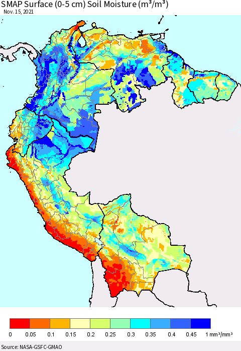 Northern South America SMAP Surface (0-5 cm) Soil Moisture (m³/m³) Thematic Map For 11/11/2021 - 11/15/2021