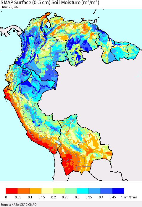 Northern South America SMAP Surface (0-5 cm) Soil Moisture (m³/m³) Thematic Map For 11/16/2021 - 11/20/2021