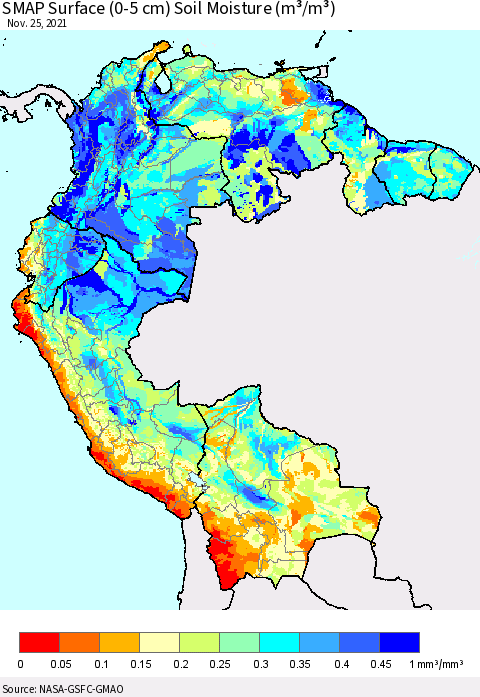 Northern South America SMAP Surface (0-5 cm) Soil Moisture (m³/m³) Thematic Map For 11/21/2021 - 11/25/2021