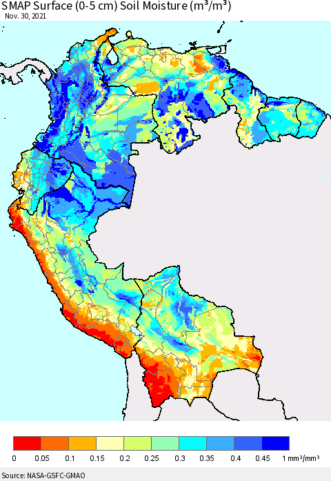 Northern South America SMAP Surface (0-5 cm) Soil Moisture (m³/m³) Thematic Map For 11/26/2021 - 11/30/2021