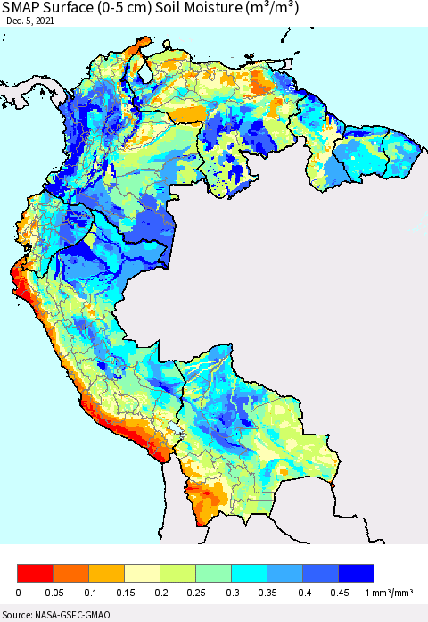 Northern South America SMAP Surface (0-5 cm) Soil Moisture (m³/m³) Thematic Map For 12/1/2021 - 12/5/2021