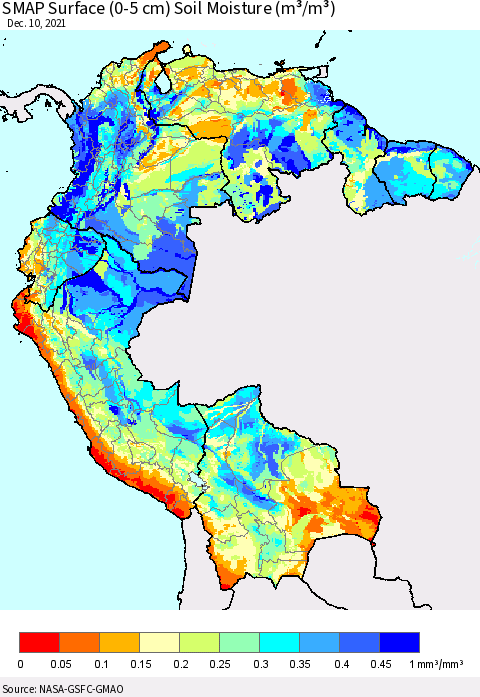 Northern South America SMAP Surface (0-5 cm) Soil Moisture (m³/m³) Thematic Map For 12/6/2021 - 12/10/2021