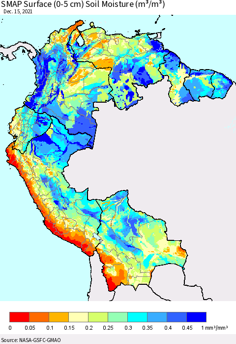 Northern South America SMAP Surface (0-5 cm) Soil Moisture (m³/m³) Thematic Map For 12/11/2021 - 12/15/2021