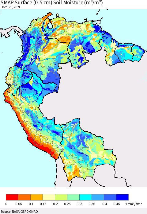 Northern South America SMAP Surface (0-5 cm) Soil Moisture (m³/m³) Thematic Map For 12/16/2021 - 12/20/2021