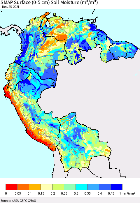 Northern South America SMAP Surface (0-5 cm) Soil Moisture (m³/m³) Thematic Map For 12/21/2021 - 12/25/2021