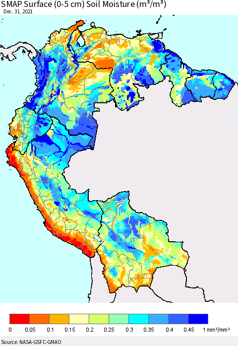 Northern South America SMAP Surface (0-5 cm) Soil Moisture (m³/m³) Thematic Map For 12/26/2021 - 12/31/2021