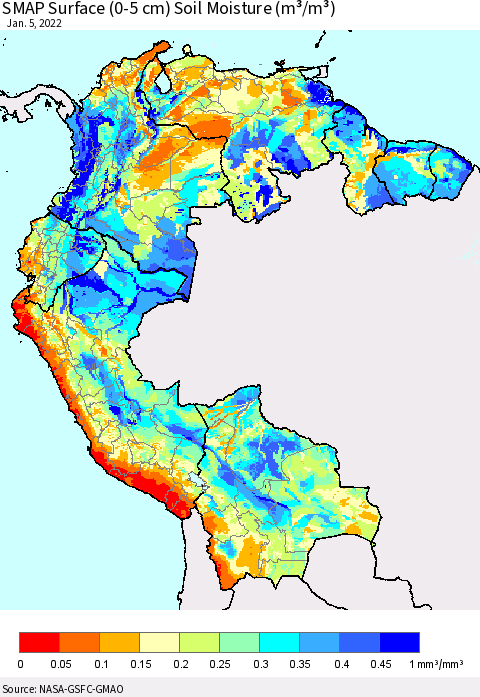 Northern South America SMAP Surface (0-5 cm) Soil Moisture (m³/m³) Thematic Map For 1/1/2022 - 1/5/2022