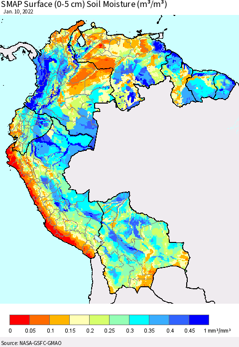 Northern South America SMAP Surface (0-5 cm) Soil Moisture (m³/m³) Thematic Map For 1/6/2022 - 1/10/2022