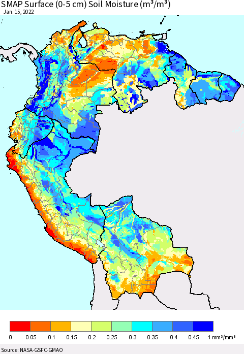 Northern South America SMAP Surface (0-5 cm) Soil Moisture (m³/m³) Thematic Map For 1/11/2022 - 1/15/2022