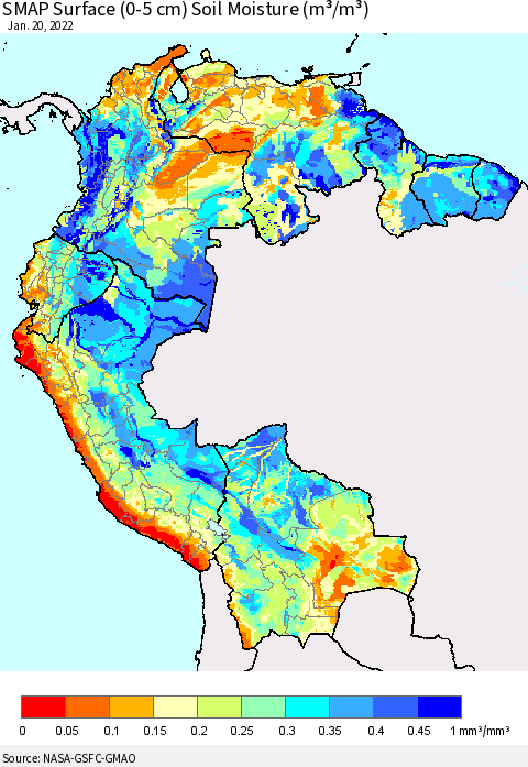 Northern South America SMAP Surface (0-5 cm) Soil Moisture (m³/m³) Thematic Map For 1/16/2022 - 1/20/2022