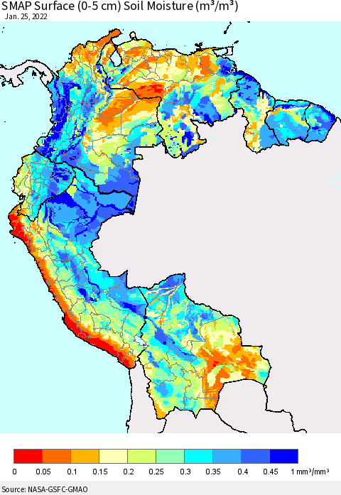 Northern South America SMAP Surface (0-5 cm) Soil Moisture (m³/m³) Thematic Map For 1/21/2022 - 1/25/2022