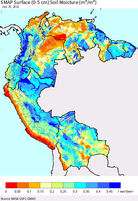 Northern South America SMAP Surface (0-5 cm) Soil Moisture (m³/m³) Thematic Map For 1/26/2022 - 1/31/2022