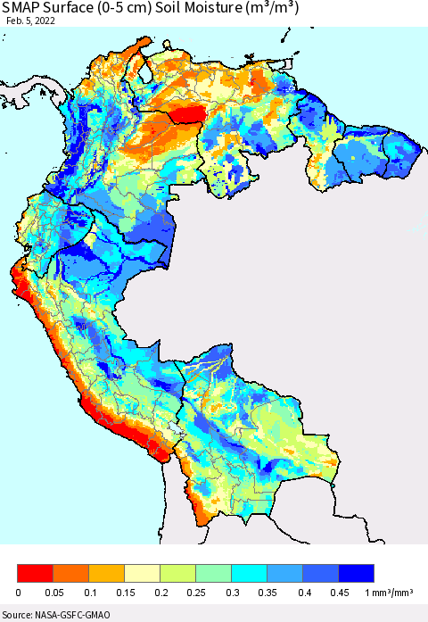 Northern South America SMAP Surface (0-5 cm) Soil Moisture (m³/m³) Thematic Map For 2/1/2022 - 2/5/2022