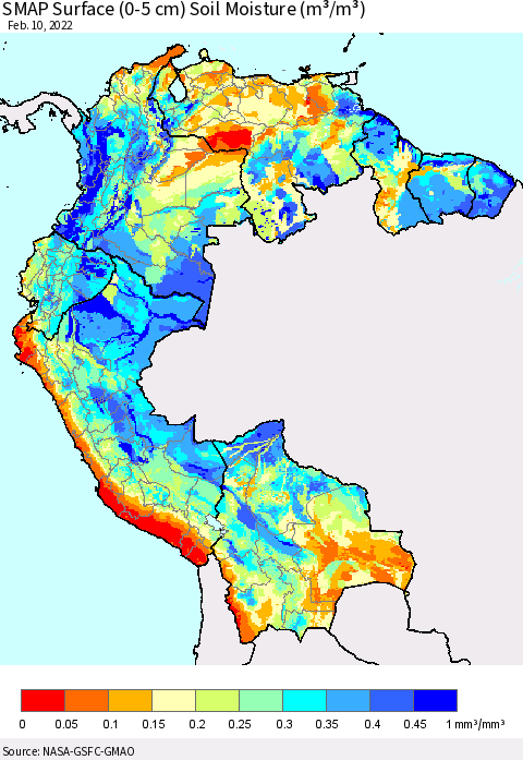 Northern South America SMAP Surface (0-5 cm) Soil Moisture (m³/m³) Thematic Map For 2/6/2022 - 2/10/2022
