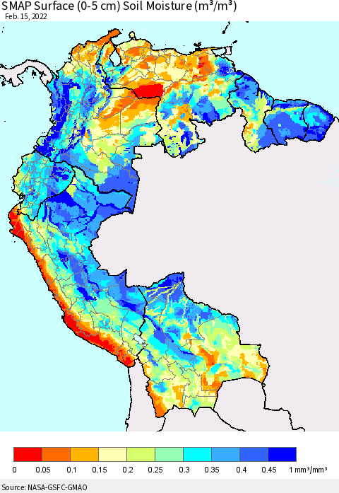 Northern South America SMAP Surface (0-5 cm) Soil Moisture (m³/m³) Thematic Map For 2/11/2022 - 2/15/2022