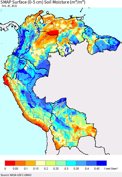 Northern South America SMAP Surface (0-5 cm) Soil Moisture (m³/m³) Thematic Map For 2/16/2022 - 2/20/2022