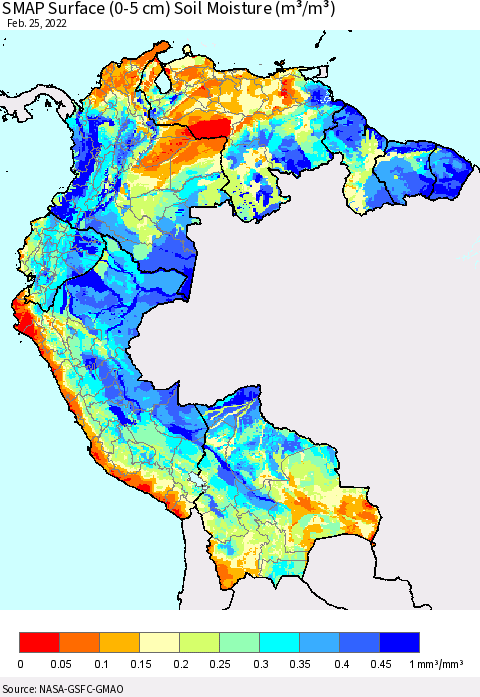 Northern South America SMAP Surface (0-5 cm) Soil Moisture (m³/m³) Thematic Map For 2/21/2022 - 2/25/2022