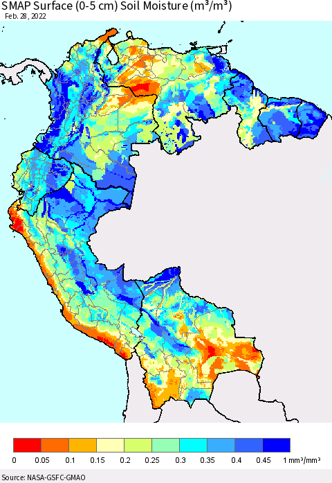 Northern South America SMAP Surface (0-5 cm) Soil Moisture (m³/m³) Thematic Map For 2/26/2022 - 2/28/2022