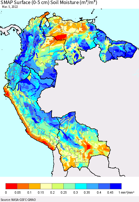 Northern South America SMAP Surface (0-5 cm) Soil Moisture (m³/m³) Thematic Map For 3/1/2022 - 3/5/2022