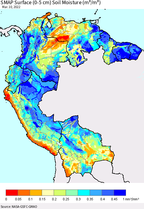 Northern South America SMAP Surface (0-5 cm) Soil Moisture (m³/m³) Thematic Map For 3/6/2022 - 3/10/2022