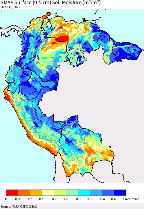 Northern South America SMAP Surface (0-5 cm) Soil Moisture (m³/m³) Thematic Map For 3/11/2022 - 3/15/2022