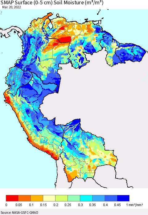 Northern South America SMAP Surface (0-5 cm) Soil Moisture (m³/m³) Thematic Map For 3/16/2022 - 3/20/2022