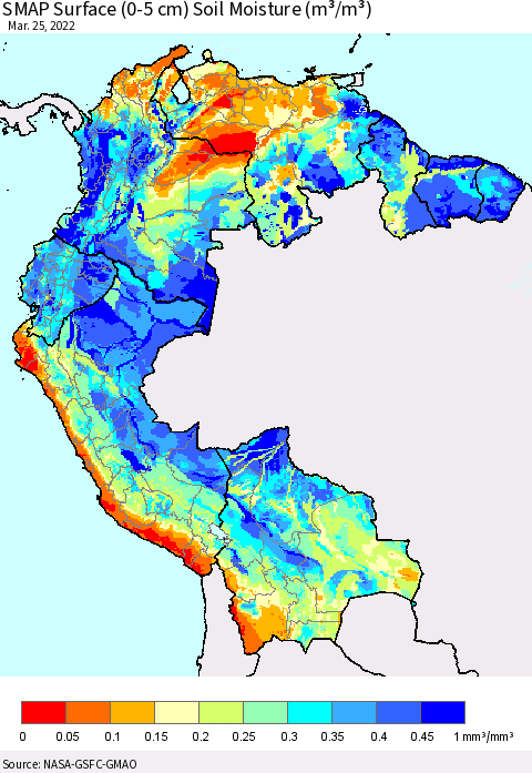 Northern South America SMAP Surface (0-5 cm) Soil Moisture (m³/m³) Thematic Map For 3/21/2022 - 3/25/2022