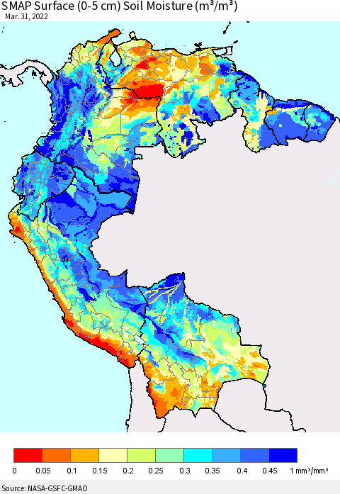 Northern South America SMAP Surface (0-5 cm) Soil Moisture (m³/m³) Thematic Map For 3/26/2022 - 3/31/2022