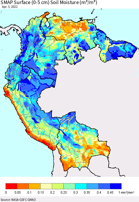 Northern South America SMAP Surface (0-5 cm) Soil Moisture (m³/m³) Thematic Map For 4/1/2022 - 4/5/2022