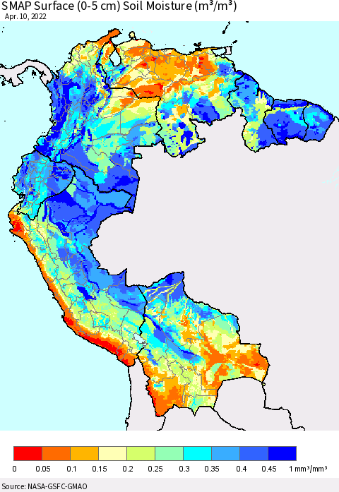 Northern South America SMAP Surface (0-5 cm) Soil Moisture (m³/m³) Thematic Map For 4/6/2022 - 4/10/2022