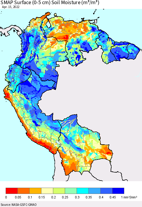 Northern South America SMAP Surface (0-5 cm) Soil Moisture (m³/m³) Thematic Map For 4/11/2022 - 4/15/2022
