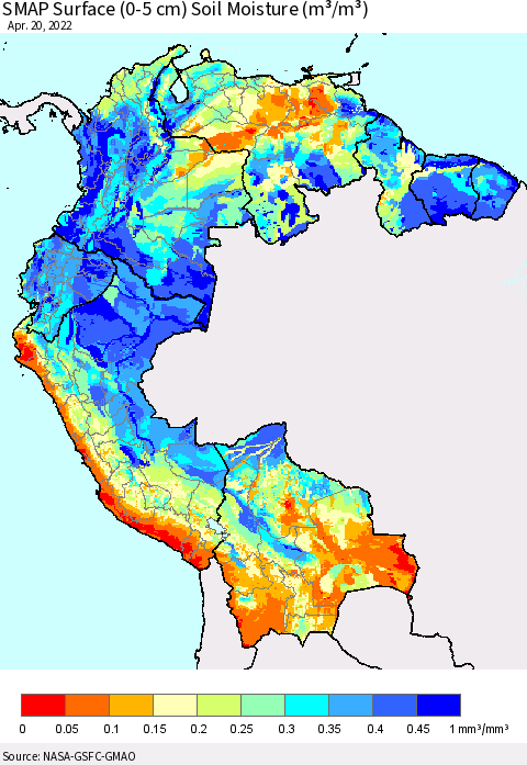Northern South America SMAP Surface (0-5 cm) Soil Moisture (m³/m³) Thematic Map For 4/16/2022 - 4/20/2022