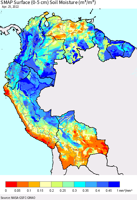 Northern South America SMAP Surface (0-5 cm) Soil Moisture (m³/m³) Thematic Map For 4/21/2022 - 4/25/2022
