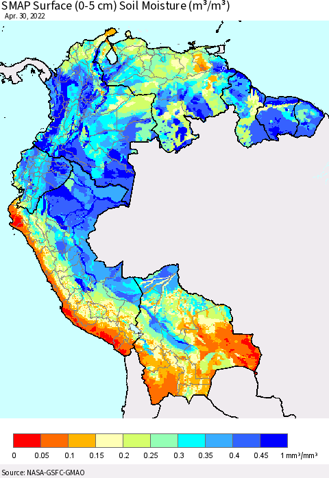 Northern South America SMAP Surface (0-5 cm) Soil Moisture (m³/m³) Thematic Map For 4/26/2022 - 4/30/2022