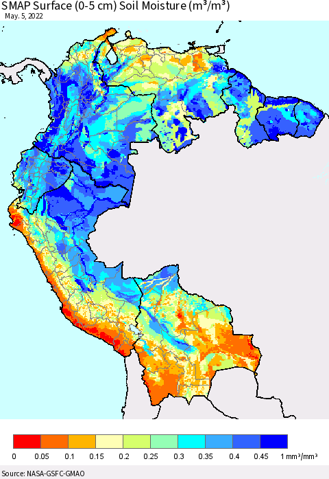 Northern South America SMAP Surface (0-5 cm) Soil Moisture (m³/m³) Thematic Map For 5/1/2022 - 5/5/2022
